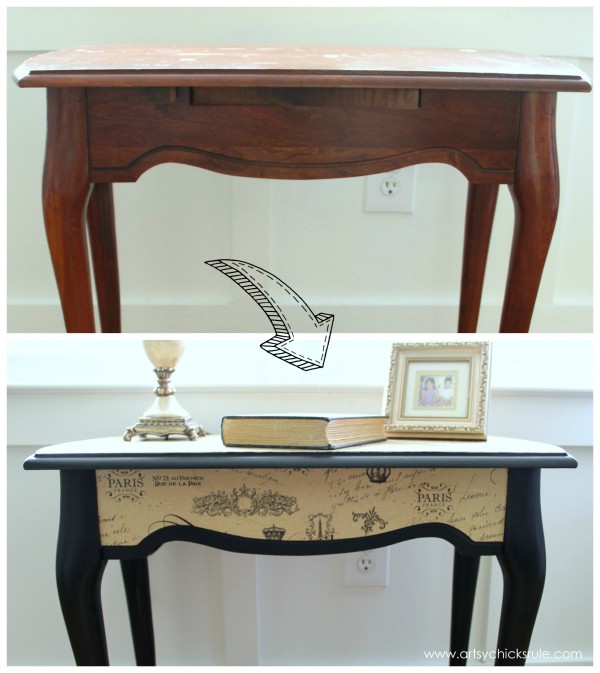 $5 Thrifty French Paper Decoupage Table Makeover - Before and After Side - artsychicksrule.com #decoupage #french