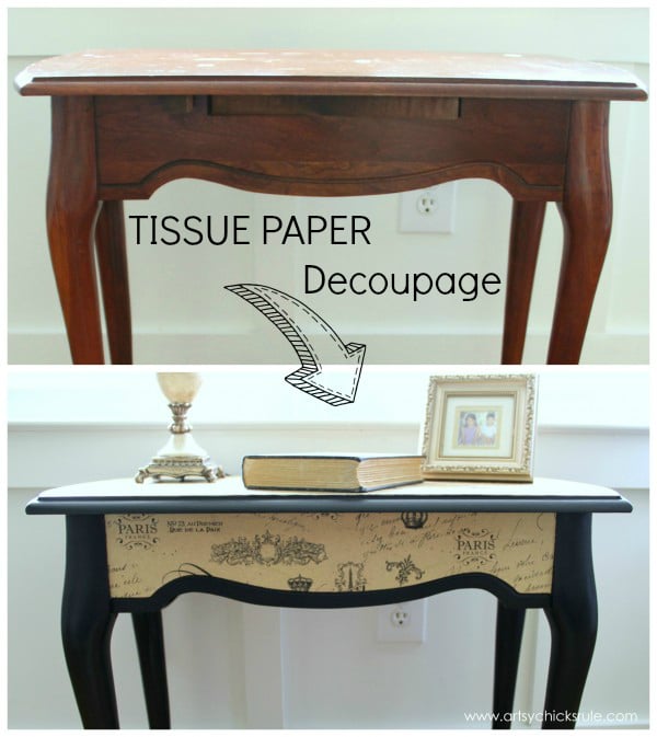 $5 Thrifty French TISSUE Paper Decoupage Table Makeover - Before-and-After - artsychicksrule.com - #decoupage #french