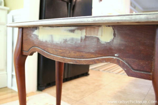 $5 Thrifty French Paper Decoupage Table Makeover - Sealing Opening -artsychicksrule.com #decoupage #french