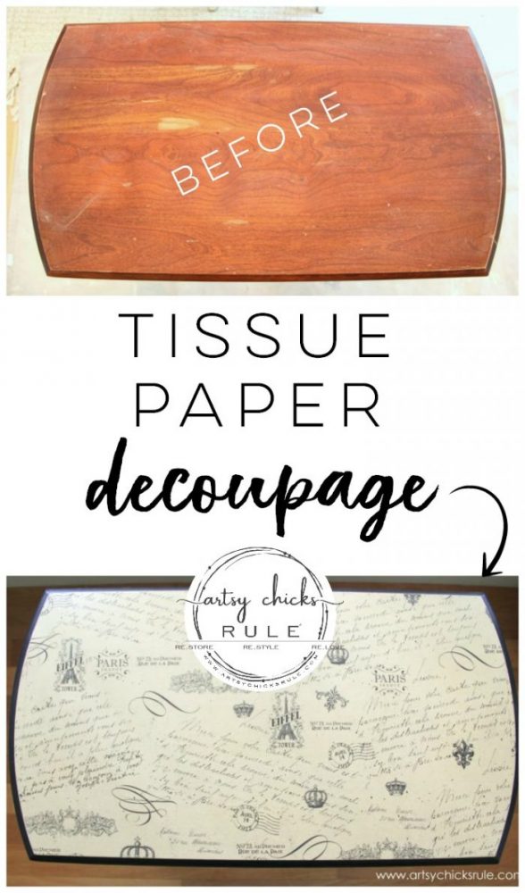 French Paper Decoupage....with TISSUE PAPER! So delicate and pretty! artsychicksrule.com #tissuepapercrafts #tissuepaperdecoupage #decoupagedfurniture #decoupagefurniture #decoupage #decoupageideas #frenchcountry #frenchcountrystyle #paintedfurniture #furnituremakeover