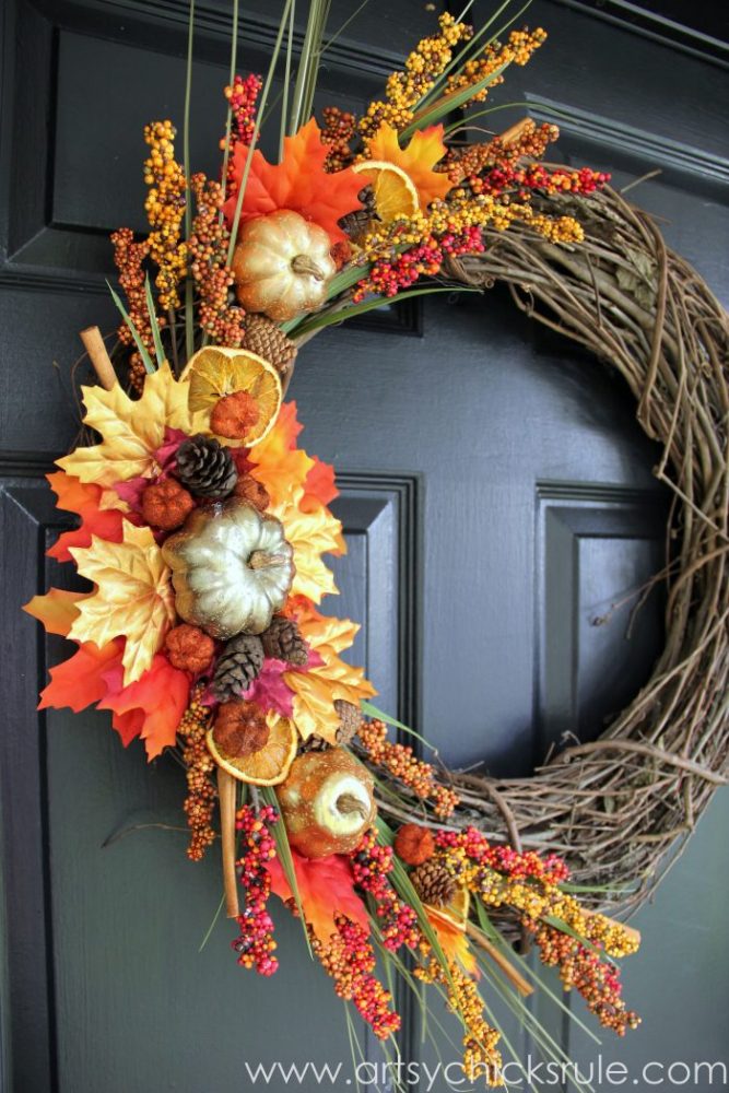 DIY Fall Wreath TRADITIONAL COLORS and SIMPLE to make too! artsychicksrule.com #falldecor #diyfallwreath #traditionalfallwreath #easyfallwreath