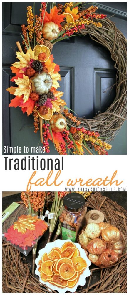 DIY Fall Wreath TRADITIONAL COLORS and SIMPLE to make too! artsychicksrule.com #diyfallwreath #traditionalfallwreath #easyfallwreath