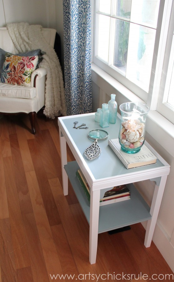 two tone blue and white table with white chair blue curtains