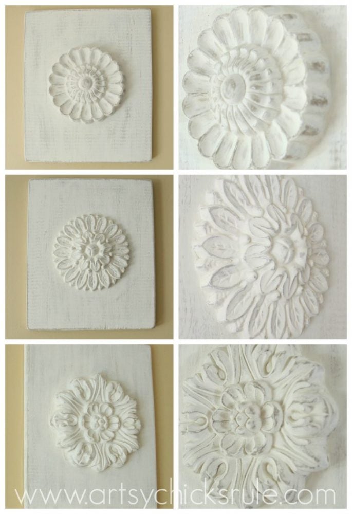 SIMPLE Way To Create "Carved Look" Wood Medallions! Inexpensive Home Decor You Can Make! artsychicksrule.com #woodmedallions #diyhomedecor #chalkpaint #ascp #chalkpaintprojects #knockoff #knockoffdecor #handcarvedwood #diydecor 