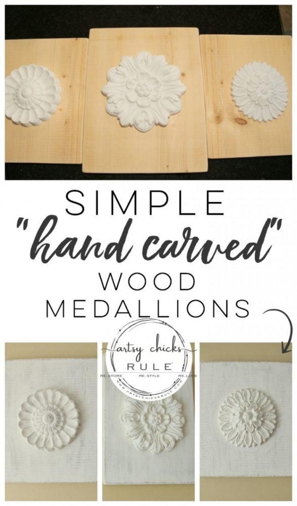 SIMPLE Way To Create "Carved Look" Wood Medallions! Inexpensive Home Decor You Can Make! artsychicksrule.com #woodmedallions #diyhomedecor #handcarvedwood #diydecor 