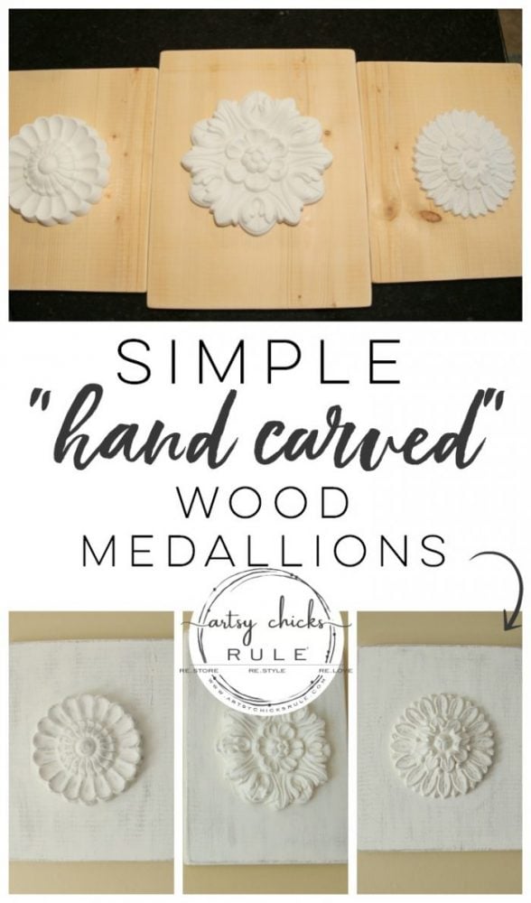 SIMPLE Way To Create "Carved Look" Wood Medallions! Inexpensive Home Decor You Can Make! artsychicksrule.com #woodmedallions #diyhomedecor #chalkpaint #ascp #chalkpaintprojects #knockoff #knockoffdecor #handcarvedwood #diydecor 