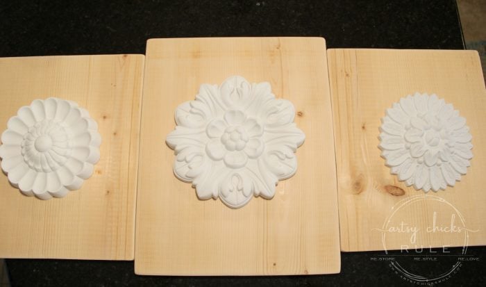 SIMPLE Way To Create "Carved Look" Wood Medallions! Inexpensive Home Decor You Can Make! artsychicksrule.com #woodmedallions #diyhomedecor #chalkpaint #ascp #chalkpaintprojects #knockoff #knockoffdecor #handcarvedwood #diydecor 