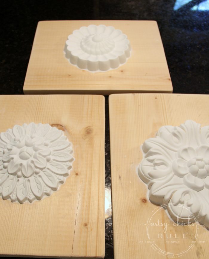 SIMPLE Way To Create "Carved Look" Wood Medallions! Inexpensive Home Decor You Can Make! artsychicksrule.com #woodmedallions #diyhomedecor #chalkpaint #ascp #chalkpaintprojects #knockoff #knockoffdecor #handcarvedwood #diydecor 
