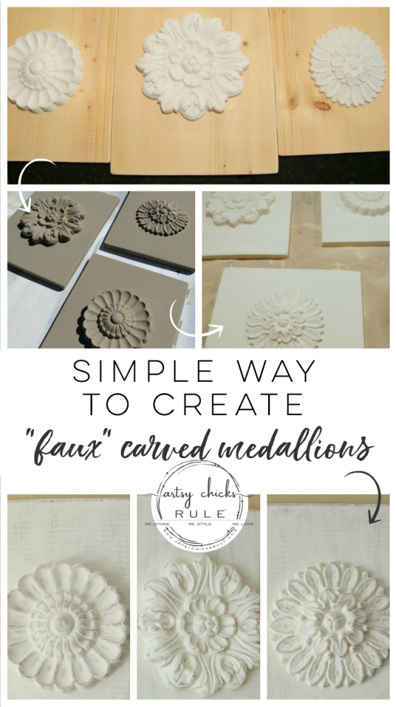 SIMPLE Way To Create "Carved Look" Wood Medallions! Inexpensive Home Decor You Can Make! artsychicksrule.com #woodmedallions #diyhomedecor #chalkpaint #ascp #chalkpaintprojects #knockoff #knockoffdecor #handcarvedwood #diydecor 
