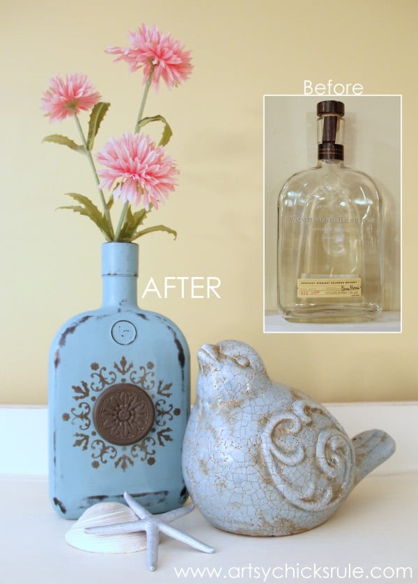 Easy, DIY Chalk Painted Bottles - Oil Rubbed Bronze- Before & After - artsychicksrule.com #thriftydecor #chalkpaint #oilrubbedbronze #diy