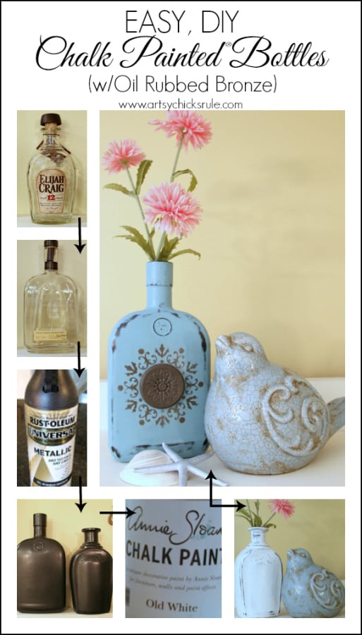 Easy, DIY Chalk Painted Bottles - Oil Rubbed Bronze- Start to Finish - artsychicksrule.com #thriftydecor #chalkpaint #oilrubbedbronze