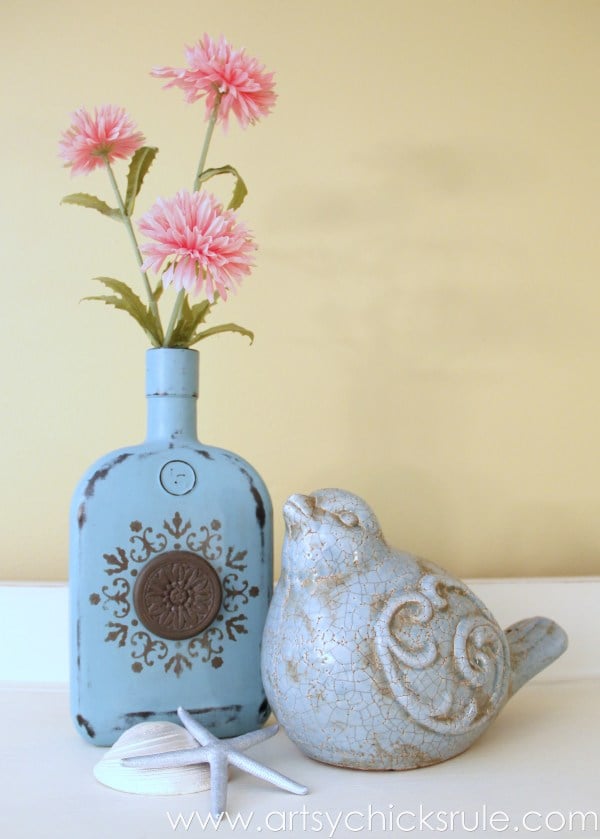 Easy, DIY Chalk Painted Bottles - Oil Rubbed Bronze- Styled with flowers - artsychicksrule.com #thriftydecor #chalkpaint #oilrubbedbronze