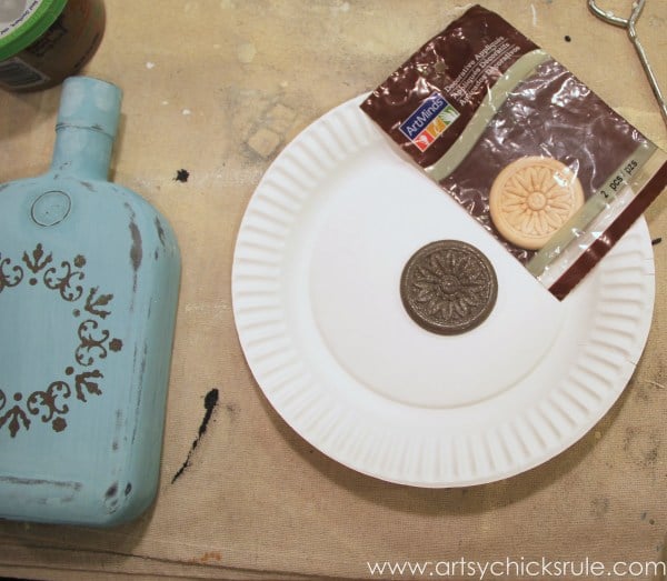 Easy, DIY Chalk Painted Bottles - Oil Rubbed Bronze- Wood Medallion - artsychicksrule.com #thriftydecor #chalkpaint #oilrubbedbronze