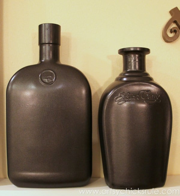 Easy, DIY Chalk Painted Bottles - Oil Rubbed Bronze first layer- artsychicksrule.com #thriftydecor #chalkpaint #oilrubbedbronze