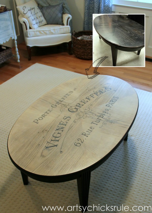 French Typography Coffee Table Makeover - Before After - artsychicksrule.com #milkpaint #chalkpaint #french #typography