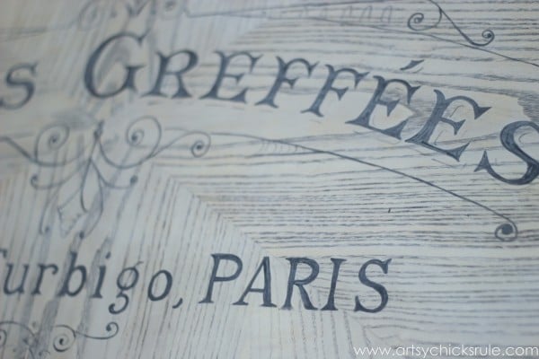 French Typography Coffee Table Makeover - Close up lettering - artsychicksrule.com #milkpaint #chalkpaint #french #typography