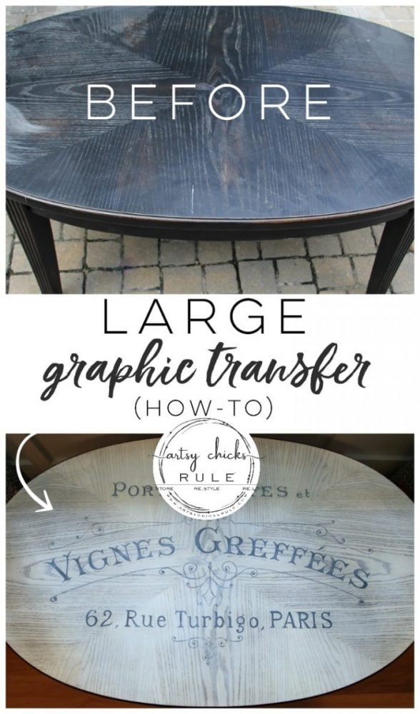 So EASY!! French Typography Coffee Table Makeover - After - artsychicksrule.com #milkpaint #chalkpaint #french #typography #furnituremakeover #transfergraphics #paintedfurniture #frenchgraphic