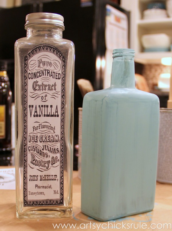 Thrifty Bottle Makeovers {Decoupage & Chalk Paint} - Label Applied and First coat of Chalk Paint - #decoupage #chalkpaint artsychicksrule.com