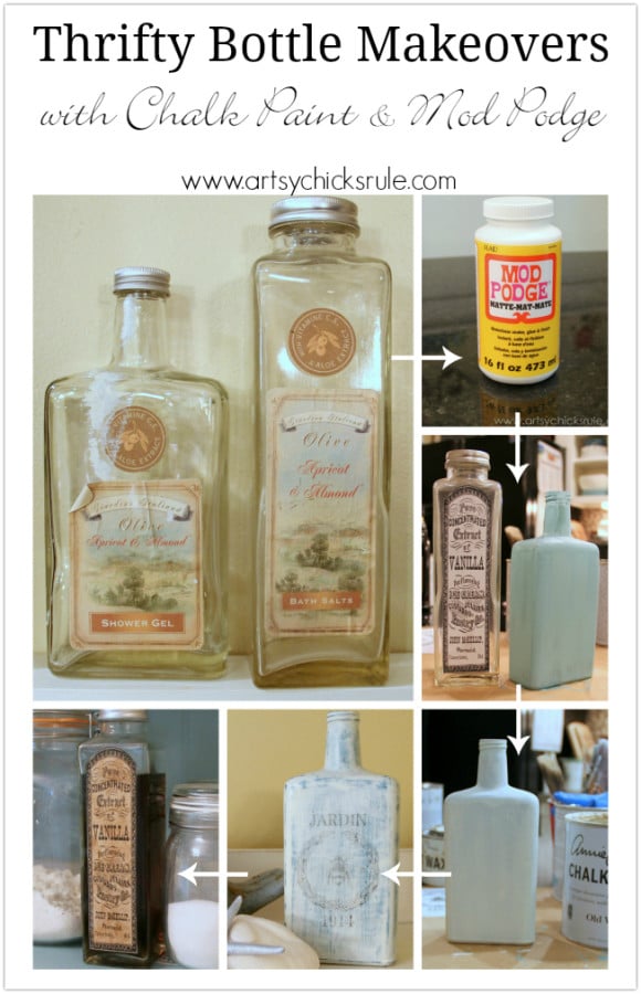 Thrifty Bottle Makeovers {Decoupage & Chalk Paint} - Steps to Create - #decoupage #chalkpaint artsychicksrule.com