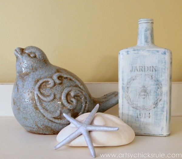 Thrifty Bottle Makeovers {Decoupage & Chalk Paint} - Styled 1 - #decoupage #chalkpaint artsychicksrule.com