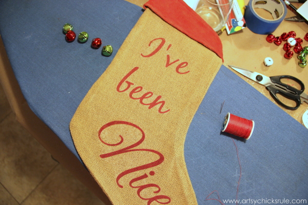 DIY Secret Santa Gift - Naughty Nice Stocking - Sewing on bells - #diy #holidays #Christmas #transferpaper artsychicksrule.com