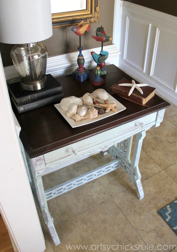 Distressed Carved Writing Desk Transformed with Chalk Paint - after 1 - #chalkpaint #generalfinishes #javagelstain #makeover artsychicksrule.com