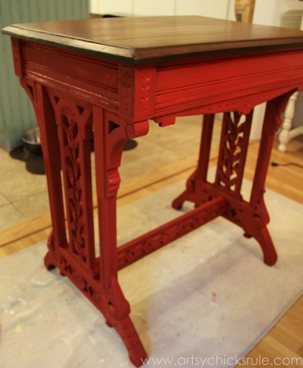 Distressed Old Carved Writing Desk Transformed with Chalk Paint - Emperor's Red Chalk Paint - #chalkpaint #generalfinishes #javagelstain #makeover artsychicksrule.com