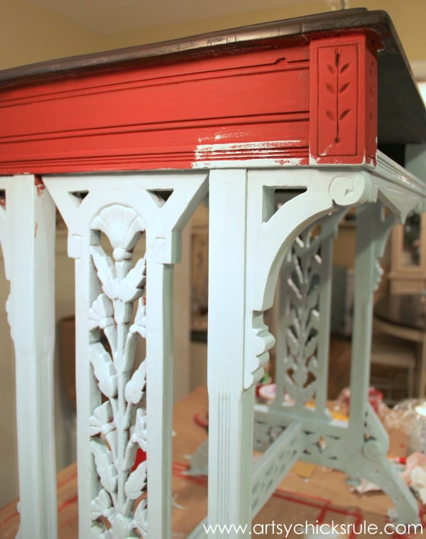 Distressed Old Carved Writing Desk Transformed with Chalk Paint - Emperor's Silk & Primer Red Chalk Paint under - #chalkpaint #generalfinishes #javagelstain #makeover artsychicksrule.com