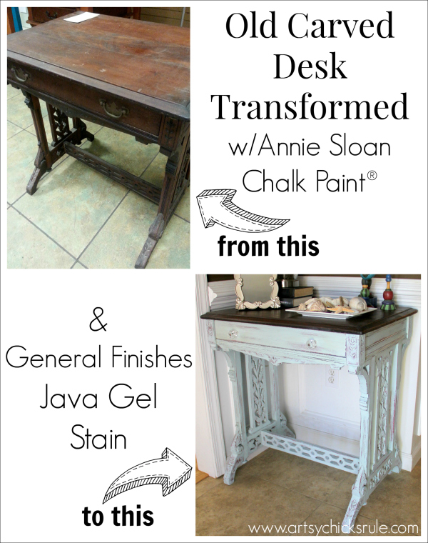 Distressed Old Carved Writing Desk Transformed with Chalk Paint - before and after - #chalkpaint #generalfinishes #javagelstain #makeover