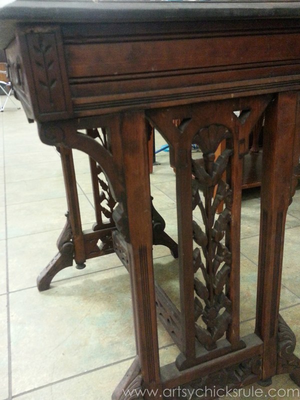 wood carved desk before stained