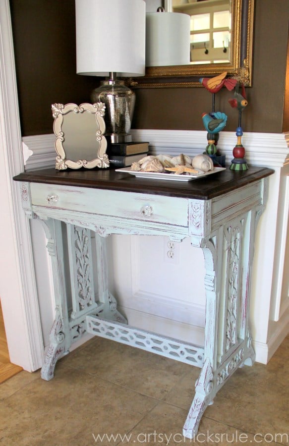 Distressed Old Carved Writing Desk Transformed with Chalk Paint - front side - #chalkpaint #generalfinishes #javagelstain #makeover artsychicksrule.com