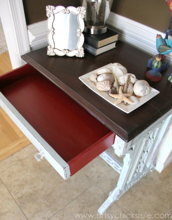 Distressed Old Carved Writing Desk Transformed with Chalk Paint - red drawer side - #chalkpaint #generalfinishes #javagelstain #makeover artsychicksrule.com