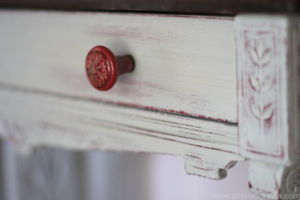 Distressed Old Carved Writing Desk Transformed with Chalk Paint - red knob - #chalkpaint #generalfinishes #javagelstain #makeover artsychicksrule.com