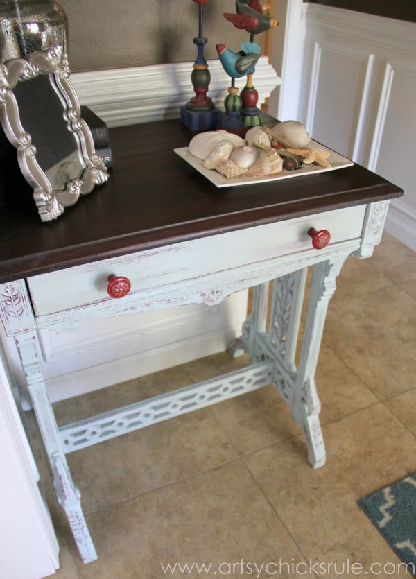 Distressed Old Carved Writing Desk Transformed with Chalk Paint - red knobs - #chalkpaint #generalfinishes #javagelstain #makeover artsychicksrule.com
