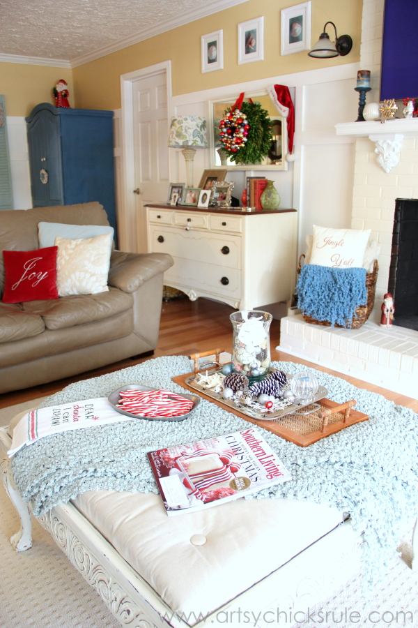 Christmas Home Tour 2014 - Red and Teal Themed - Family Room - Antique Dresser - #christmas #hometour #holidays #holidaydecor #redandteal artsychicksrule.com