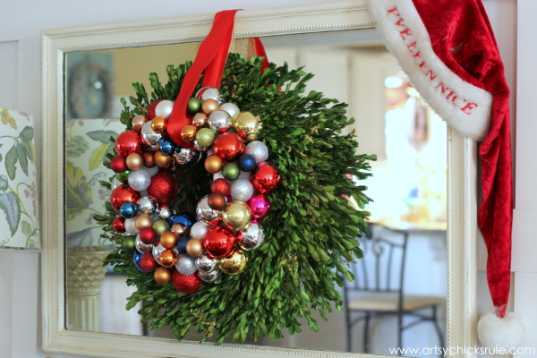 Christmas Home Tour 2014 - Red and Teal Themed - Family Room - DIY Ornament Wreath - #christmas #hometour #holidays #holidaydecor #redandteal artsychicksrule.com