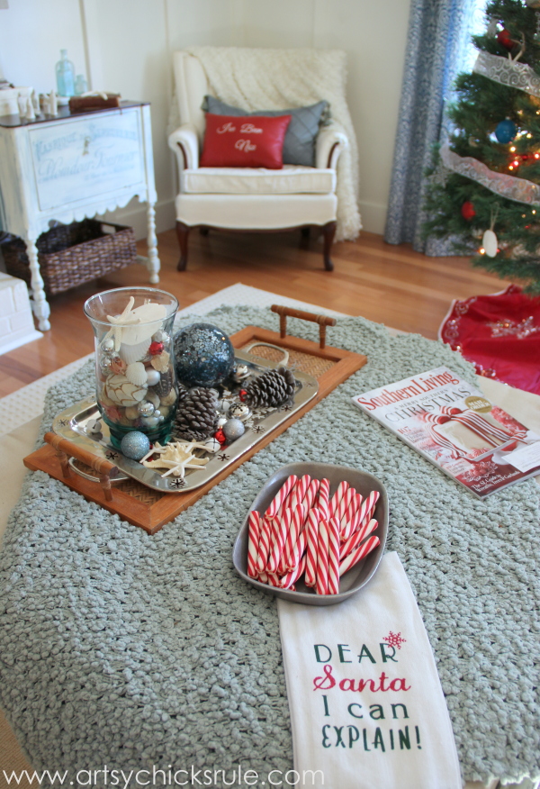 Christmas Home Tour 2014 - Red and Teal Themed - Family Room - DIY Tufted Ottoman - #christmas #hometour #holidays #holidaydecor #redandteal artsychicksrule.com