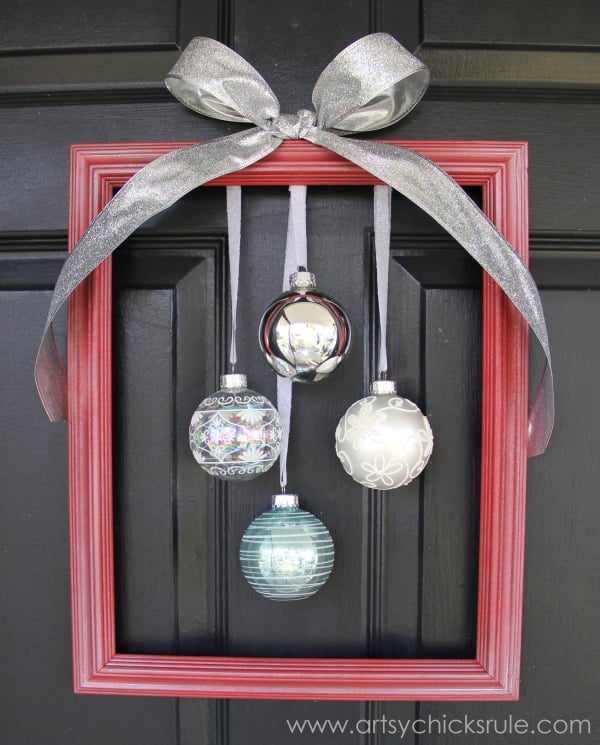 Easy DIY Framed Ornament Wreath finished Welcome Home Tour wreath diy ornamentwreath artsychicksrule.com