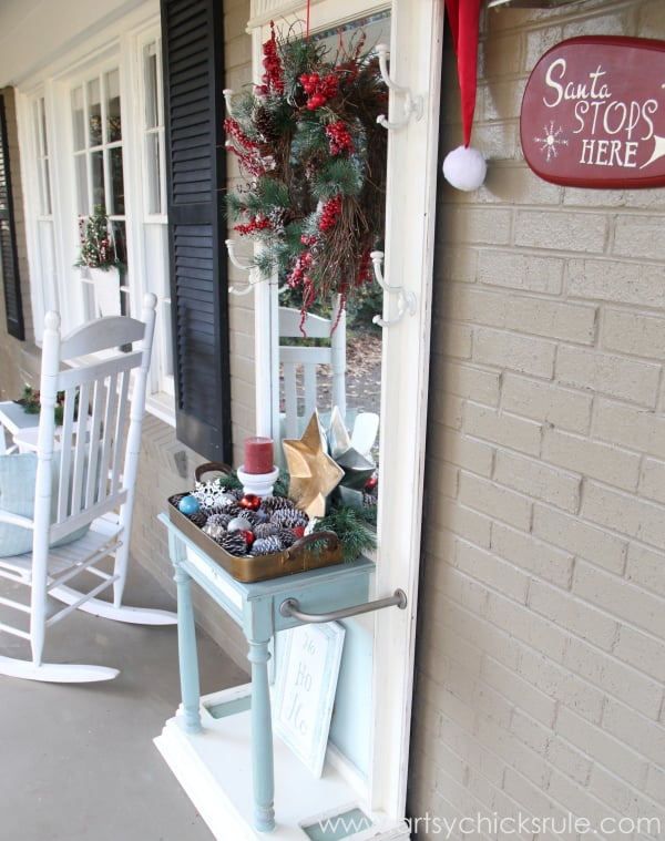 Easy, DIY Framed Ornament Wreath - front porch - Welcome Home Tour - #wreath #diy #ornamentwreath artsychicksrule.com