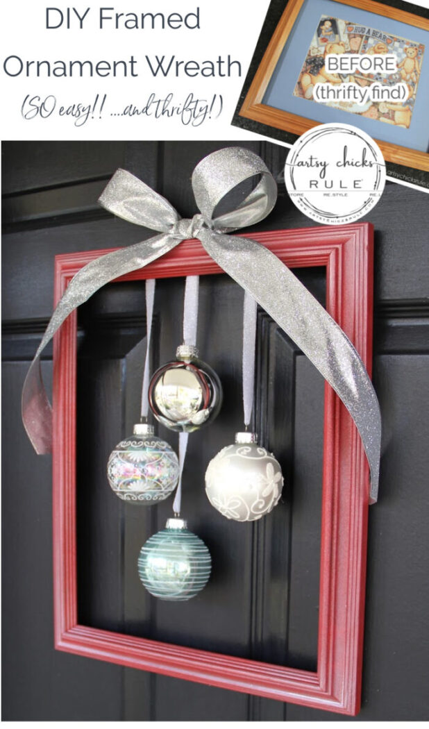 Easy, DIY Framed Ornament Wreath (and thrifty too!) artsychicksrule.com #Christmaswreath #holidaywreathideas