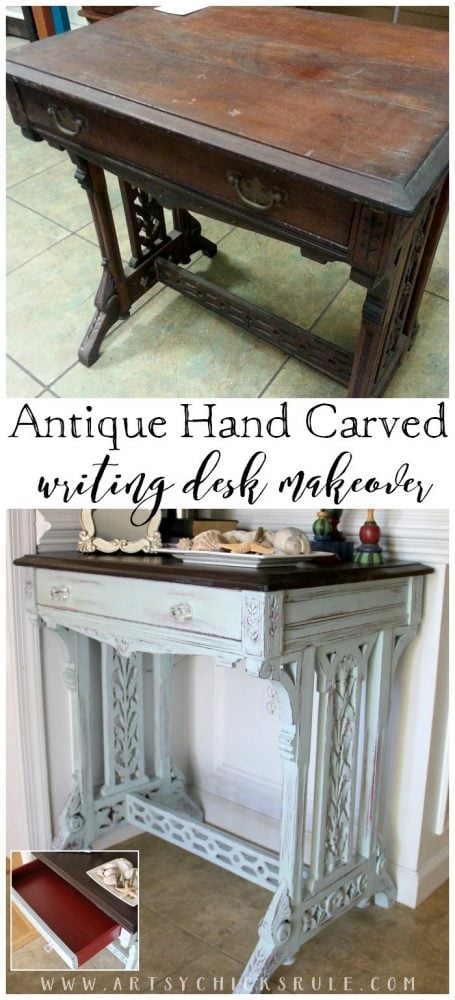 Antique Hand Carved Writing Desk Makeover - artsychicksrule.com