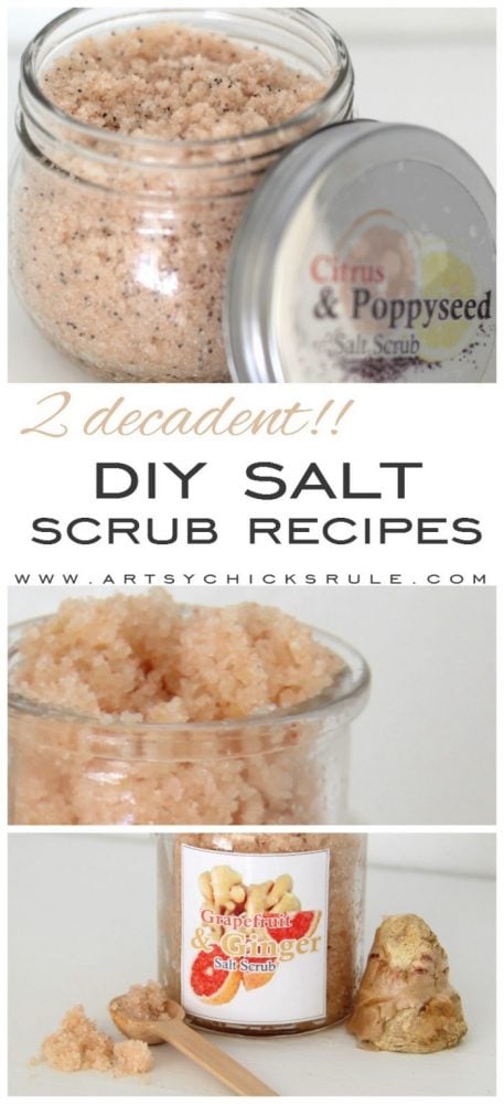 2 Decadent (and simple!!) DIY Salt Scrub Recipes! (you can do!! ) artsychicksrule.com #saltscrubs #diysaltscrub #saltscrubrecipe