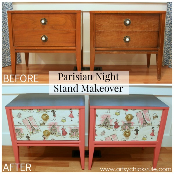 Pretty in Pink Parisian Nightstand Makeover with Fabric & Chalk Paint - before and after - #parisian #french #chalkpaint #milkpaint artsychicksrule.com