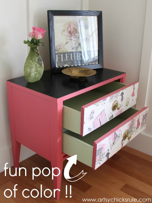 Pretty in Pink Parisian Nightstand Makeover with Fabric & Chalk Paint - pop of color - #parisian #french #chalkpaint #milkpaint artsychicksrule.com