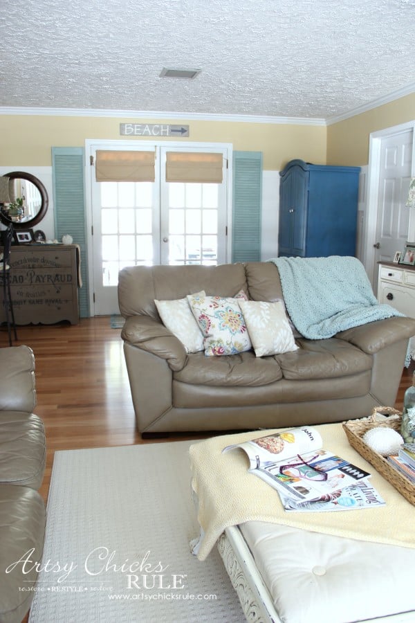 Family Room Makeover - After Back French Doors - #makeover #diy #roommakeover #artsychicksrule artsychicksrule.com