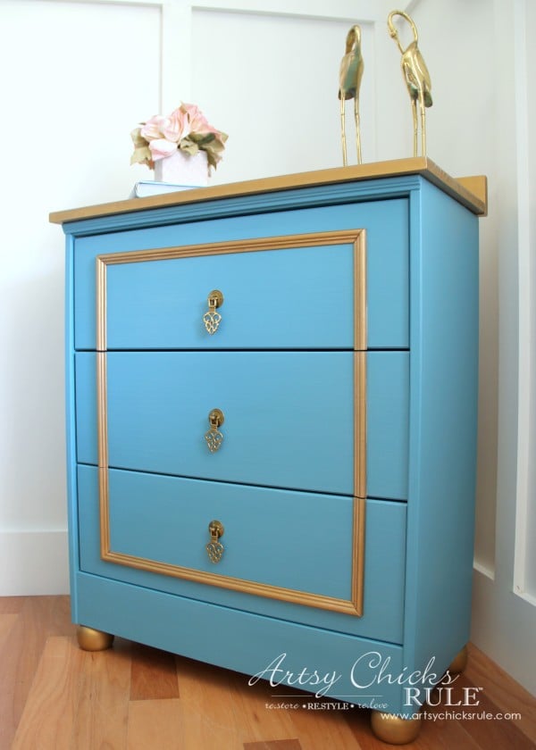 IKEA Rast Hack - Blue and Gold Chest - Hickory Hardware - Side View #ad #ikeahack #hickoryhardware #artsychicksrule