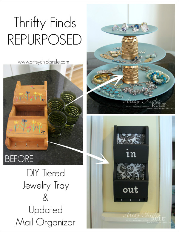 Thrifty Finds Repurposed - Old plastic plates and juice glasses repurposed into a 3 tiered jewelry tray! Dated mail organizer..updated...Easy!!! #repurposed #diy artsychicksrule.com