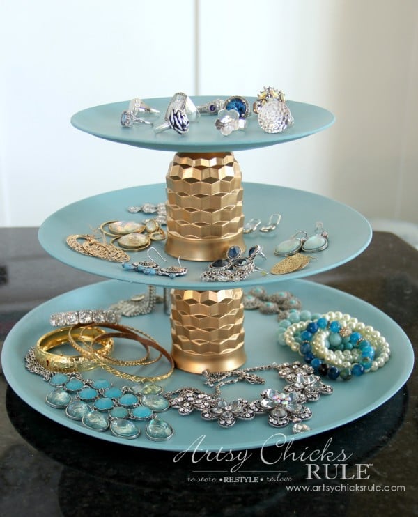 Thrifty Makeovers - Swap It Challenge - Jewelry Tray DIY - Old plastic plates and juice glasses repurposed into a 3 tiered jewelry tray!...Easy!!! #repurposed #diy artsychicksrule.com