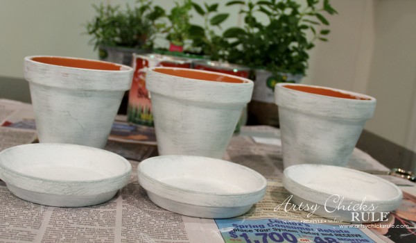 DIY Decorative Clay Pots for Herbs - Painted White and Dry Brushed with Persian Blue -artsychicksrule.com