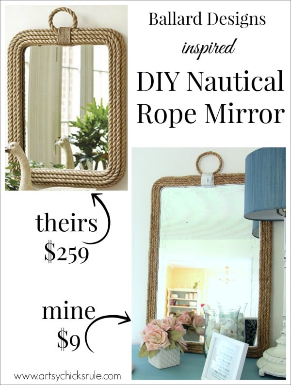 DIY Nautical Rope Mirror - Inspired by Ballard Designs - Hot Glue Rope - #thrifty #inspiredby artsychicksrule